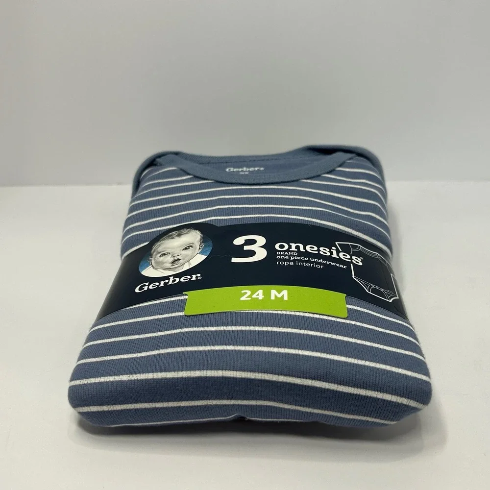 Gerber 3‎ Pack Blue White Striped Onesies Bodysuits 24M New 100% Cotton